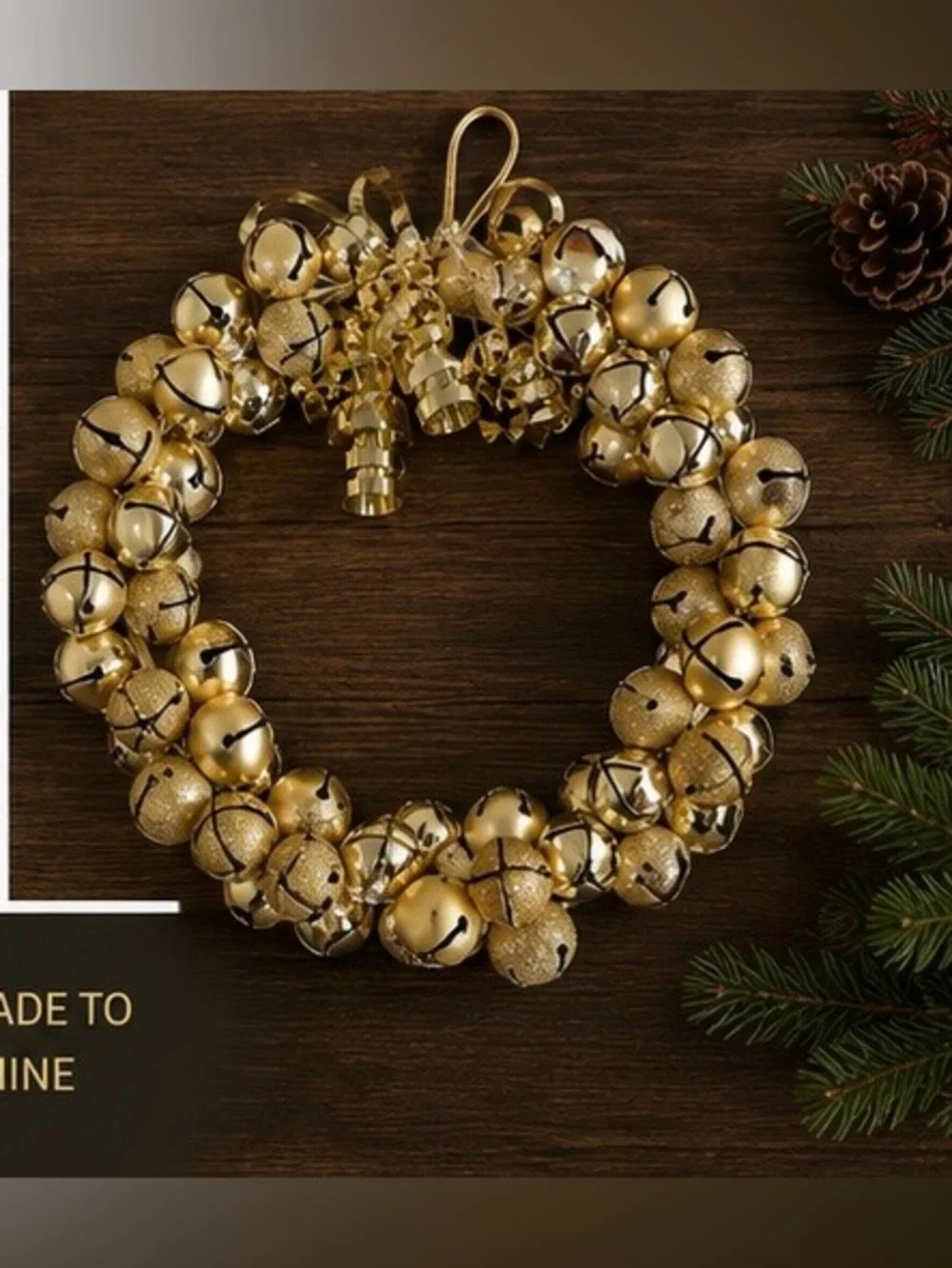Gold Jingle Bell Christmas Wreath Holiday Door Wall Decor Rustic Farmhouse